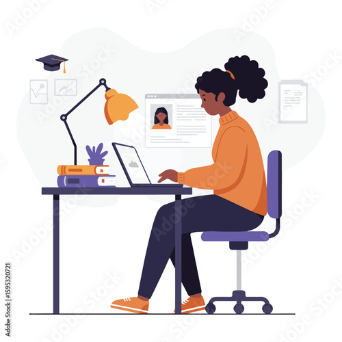 Female student taking notes from online course