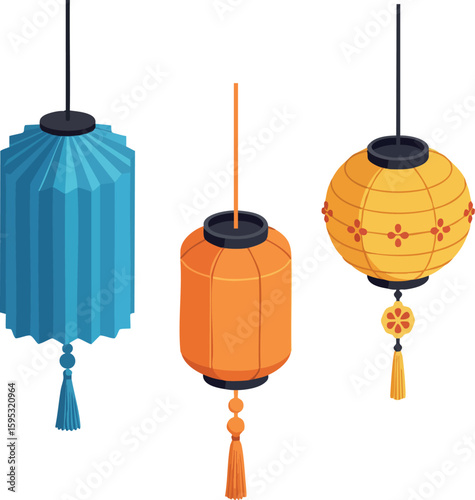 Blue orange and yellow traditional hanging paper lanterns with tassels vector illustration