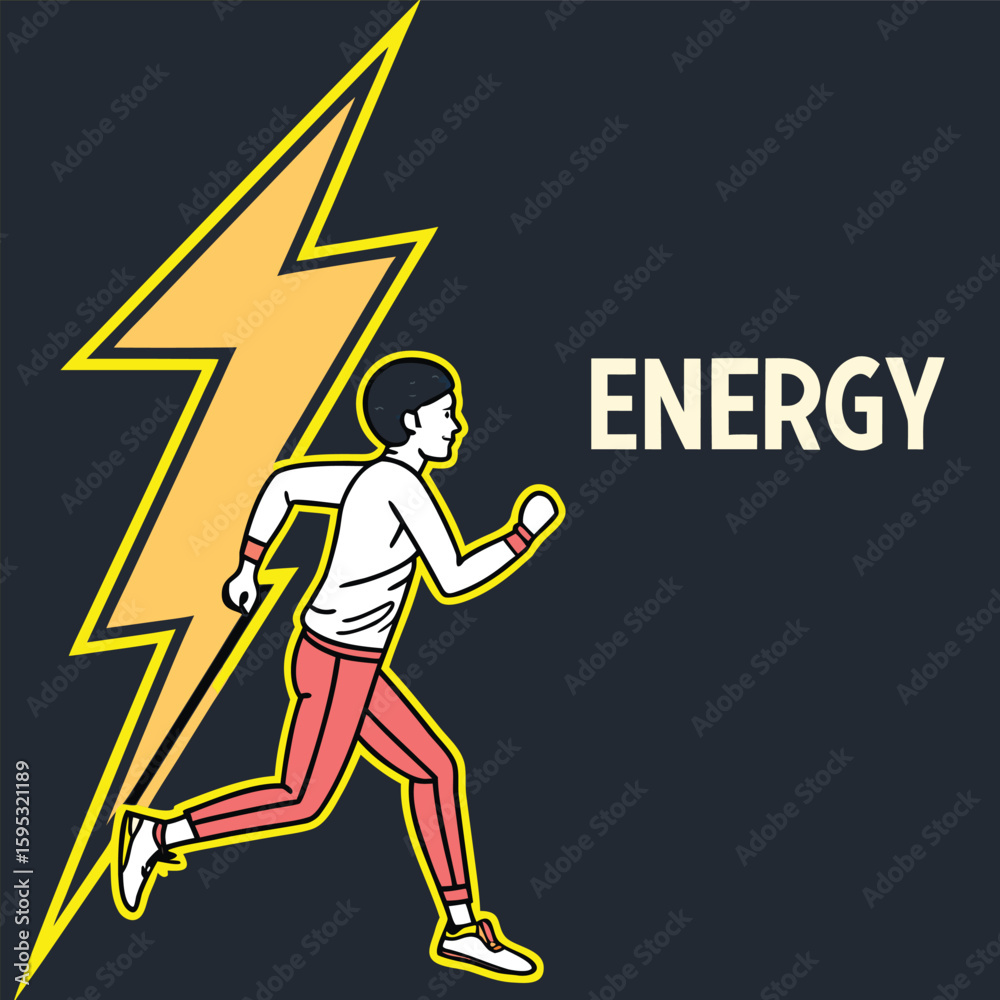 Fototapeta premium Lightning bolt with glowing outline and bold block font beside it “ENERGY” high-contrast DTG-style sleeve print