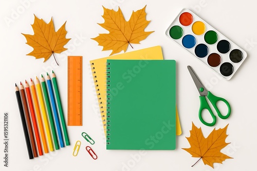 Creative autumn arts and crafts setup with colorful supplies and leaves on a table