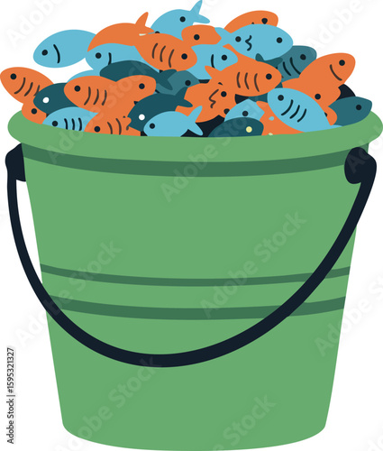 Bucket filled with colorful fish in cartoon style for fishing or seafood concept vector illustration