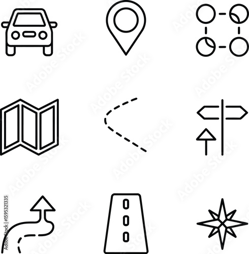 A set of nine simple, black line icons representing navigation, location, and travel.