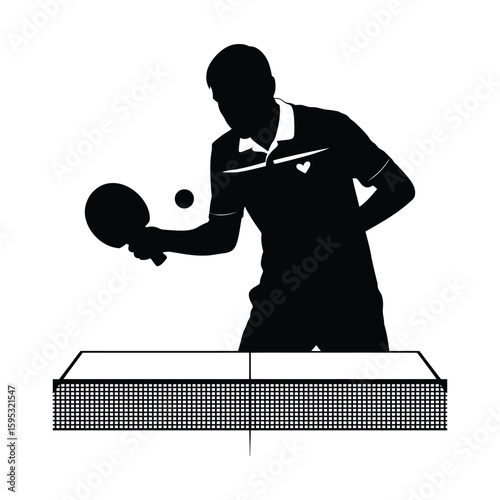 Table tennis game in progress with ball mid-air, black and white silhouette vector illustration