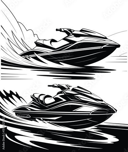 Jet Ski Water Sports Duo Vector Illustration with Speed Waves.


