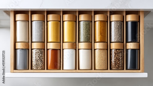 Fototapeta Naklejka Na Ścianę i Meble -  Wooden drawer organizer with glass spice jars filled with various spices and grains.