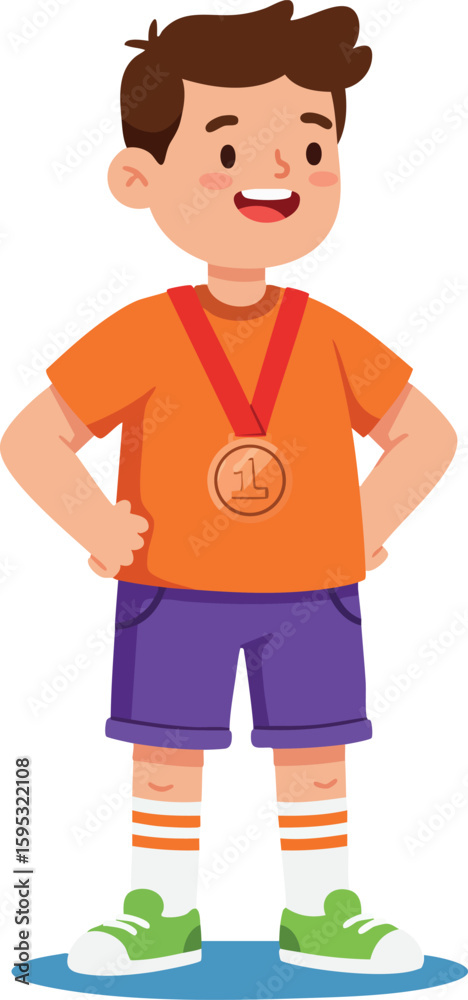 Fototapeta premium Boy wearing bronze medal standing proudly in orange shirt and purple shorts smiling confidently on white background