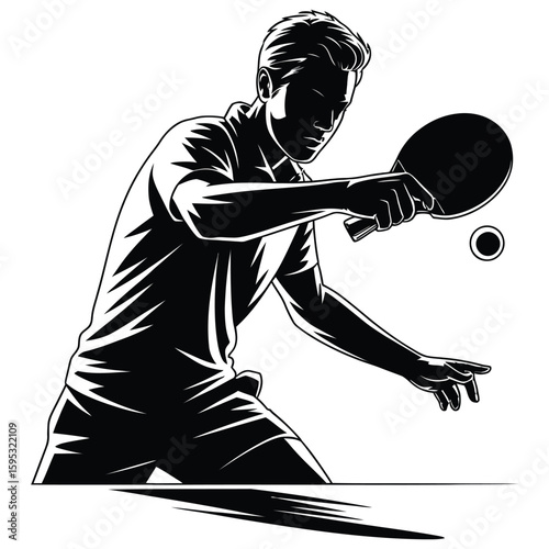 Table tennis player executing powerful backhand spin shot, black and white silhouette vector illustration