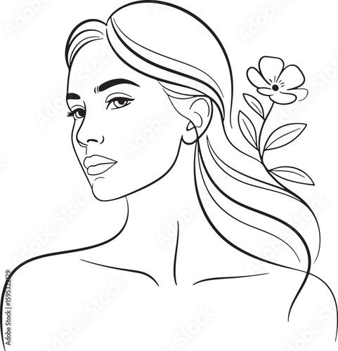 Elegant Woman Portrait with Flower Behind Ear Line Art on Transparent Background Vector