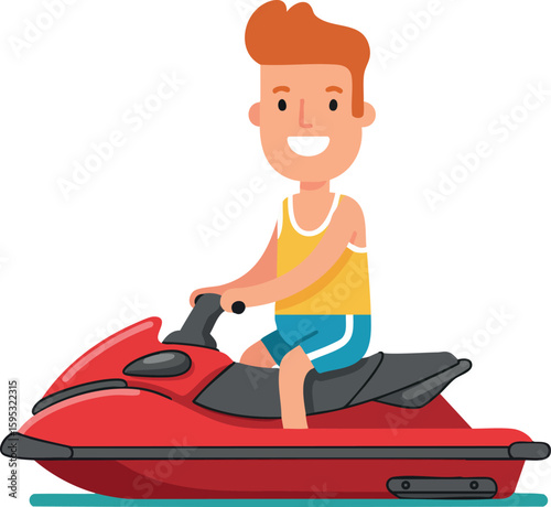 Young man riding red jet ski watercraft enjoying outdoor summer activity vector illustration