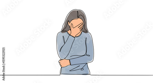Vegetovascular dystonia, depression, anxiety, panic attack with nausea and headache. Woman holding her stomach and head — abstract one line doodle watercolor vector illustration

