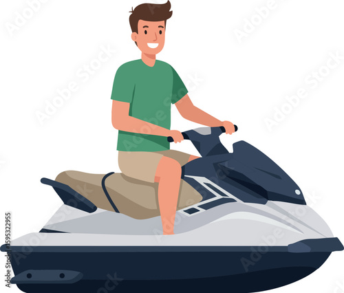 Man riding jet ski on water enjoying summer leisure activity with casual outfit and smile vector illustration