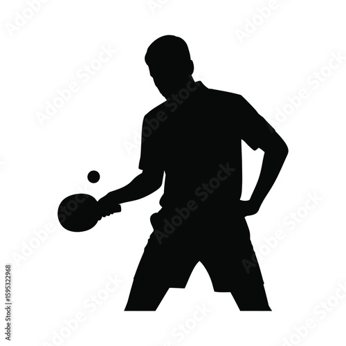 Table tennis player standing with racket resting on shoulder, black and white silhouette vector illustration
