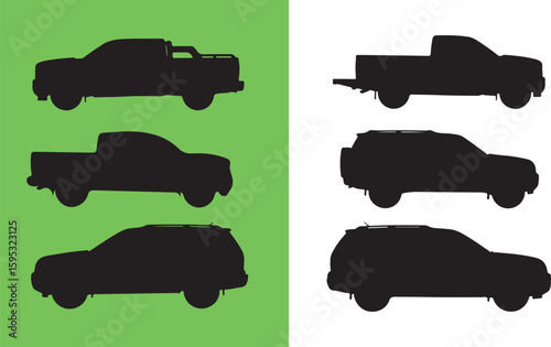 Six black vehicle silhouettes on green and white backgrounds