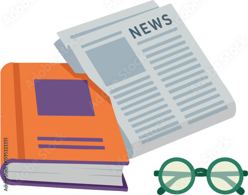 Book newspaper and eyeglasses reading concept for education and information access vector design