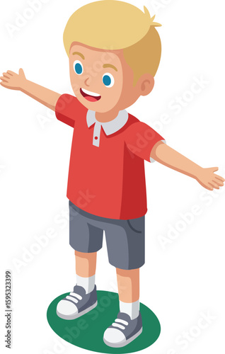 Boy with blonde hair wearing red shirt and gray shorts standing with arms wide open vector illustration