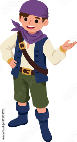 Young boy dressed as pirate with purple bandana and vest presenting with confident smile vector illustration