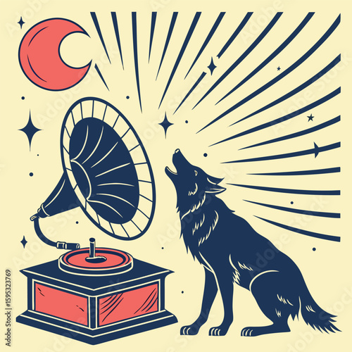stylized wolf howling into a vinyl record moon vintage gramophone with vinyl records