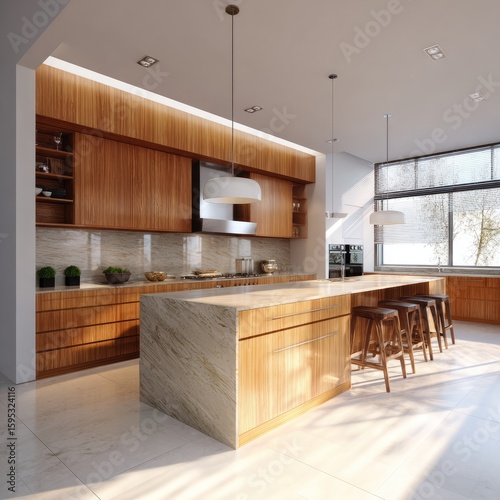 Modern kitchen interior design with island and stools
