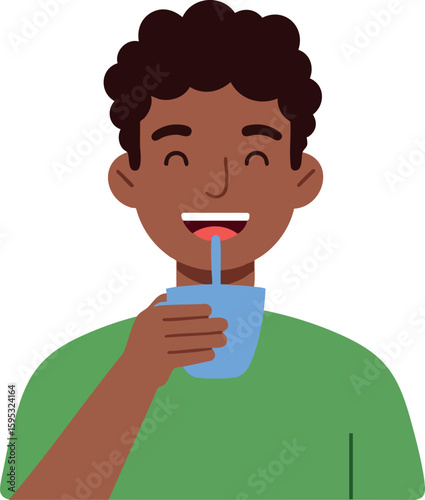 Smiling young man drinking water from glass with blue straw in casual green shirt vector illustration