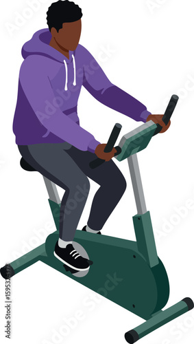Man exercising on stationary bike wearing purple hoodie and black sneakers in fitness workout vector illustration