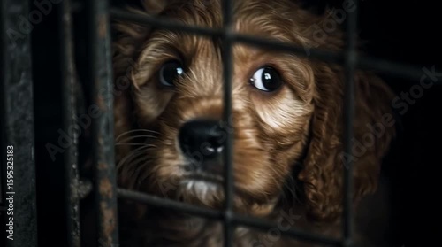sad puppy behind metal cage looking with emotional eyes highlighting animal shelter cruelty abandonment fear loneliness and urgent need for rescue compassion love care and adoption support awareness