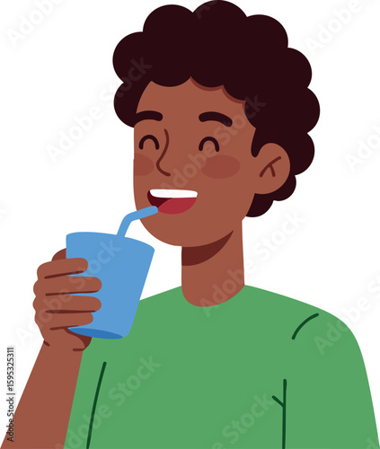 Young man drinking water from blue cup with straw happy and healthy lifestyle vector illustration