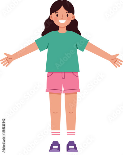 Girl with arms wide open wearing green t-shirt and pink shorts smiling happily vector illustration