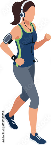 Woman jogging with headphones and fitness tracker running outdoors in athletic wear vector illustration