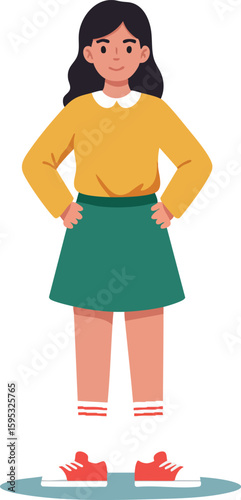 Girl standing with hands on hips in yellow sweater and green skirt casual confident pose vector illustration