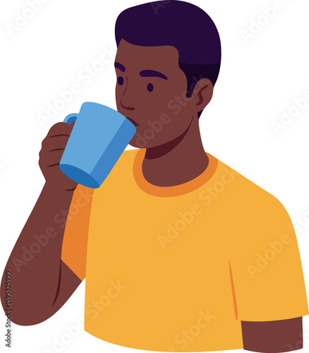 Man drinking from blue cup wearing yellow shirt vector illustration portrait of casual person enjoying beverage