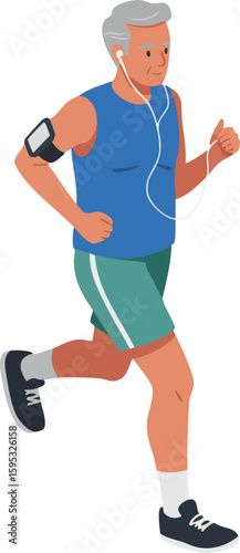 Active elderly man jogging with earphones and armband fitness tracker in sportswear for healthy lifestyle and exercise motivation