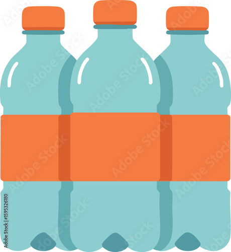 Plastic water bottles pack with orange caps and labels isolated on white background vector illustration