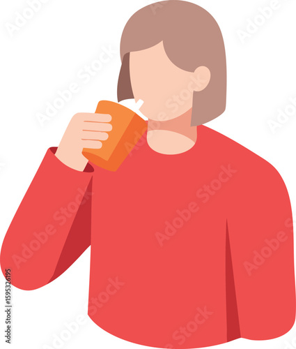 Person drinking orange beverage wearing red shirt vector illustration in minimal style