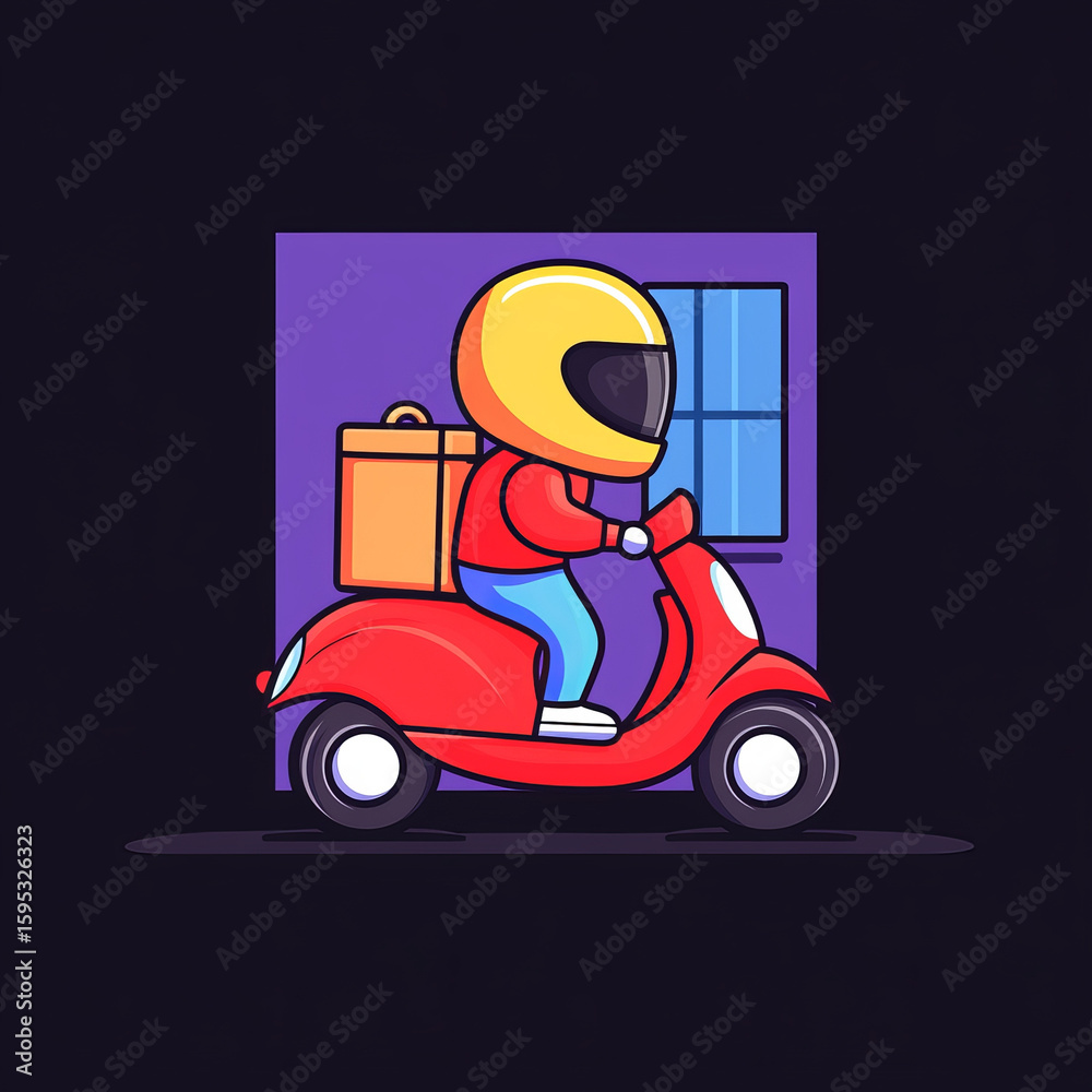 Cartoon courier delivery scooter helmet red fast urban night cheerful service Cartoon courier delivery scooter helmet red fast urban night cheerful service