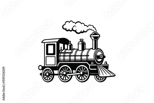 Vintage Steam Train Illustration with Smoke Black and White Vector Graphic for Transportation Nostalgia and Historical Themes Ideal for Logos Designs and Educational Materials