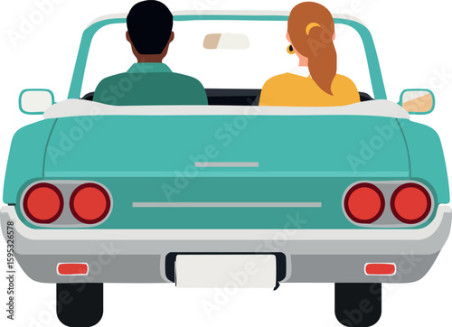 Couple driving convertible car back view in turquoise color with woman and man inside vector illustration