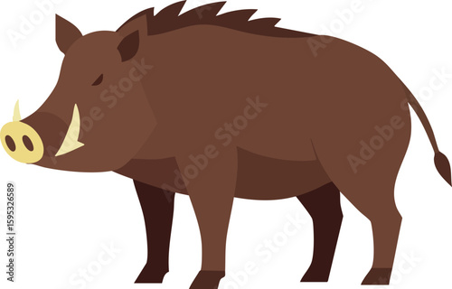 Wild boar animal vector illustration with brown fur and tusks in simple style for nature design and wildlife projects vector