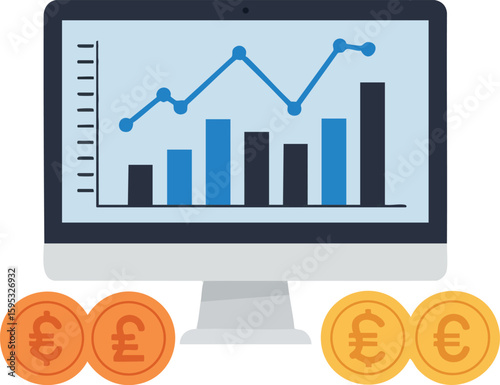 Financial data analytics with coin currency symbols and computer screen showing bar and line graphs vector illustration