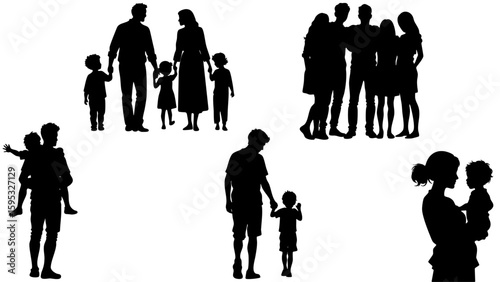 Stylish Silhouette Vector Set of Family - Parents, Children and Togetherness in Loving Moments
