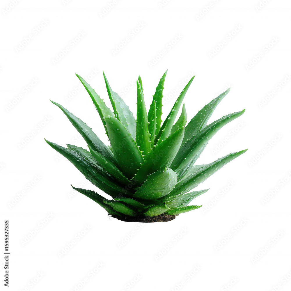 Fototapeta premium A vibrant green aloe vera plant showcasing its thick, fleshy leaves, perfect for home decor or medicinal use, on a white isolated background.