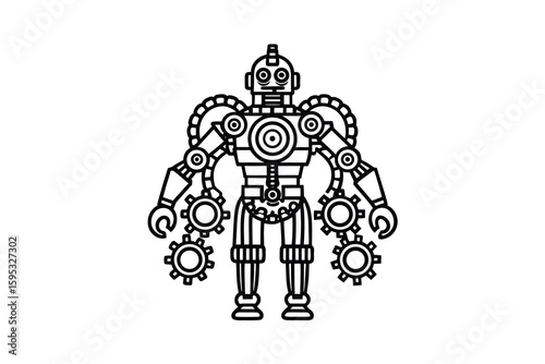 Retro Robot Illustration with Gears and Cogs a Vintage Style Mechanical Character in Black and White Outline Perfect for Coloring Books and Steampunk Designs
