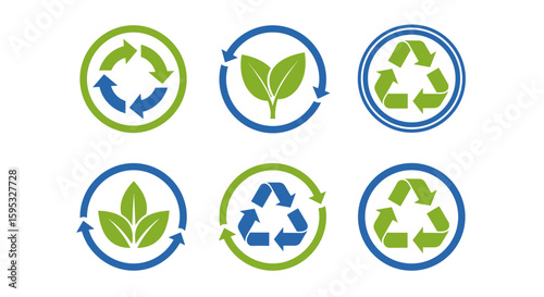 Collection of six circular eco-friendly icons featuring recycling arrows and leaves, ideal for promoting sustainability initiatives and eco-conscious products or services, suitable for websites,