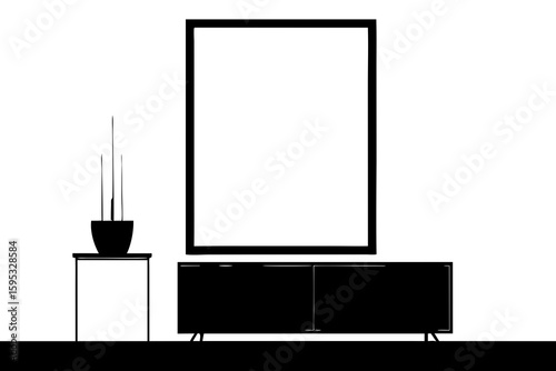 Modern Interior Mockup Poster Frame in Contemporary Living Room – 3D Render & Vector Silhouette Illustration