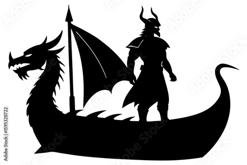 Epic Viking Warrior Standing on Dragon-Prowled Ship – Bold Vector Silhouette Art