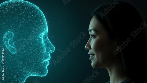 Elegant young Asian woman talking with a futuristic holographic human head against a dark background.