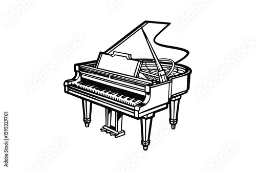 Elegant Grand Piano Illustration in Black and White Depicting a Classic Musical Instrument with Keys Strings and a Music Stand on a Clean White Background