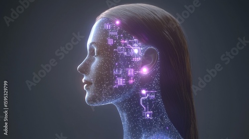 AI woman in profile with transparent skin showing microchip clusters and neural link nodes. Purple and blue tones with soft ambient glow around the head. glowing woman, transparent skin, microchip 