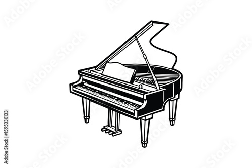 Elegant Grand Piano Illustration A detailed black and white drawing of a grand piano with its lid open showcasing keys and music stand perfect for