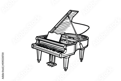 Elegant Grand Piano Illustration in Black and White Perfect for Music Themed Designs and Educational Materials Featuring Keys Pedals and a Classic Open Lid Design