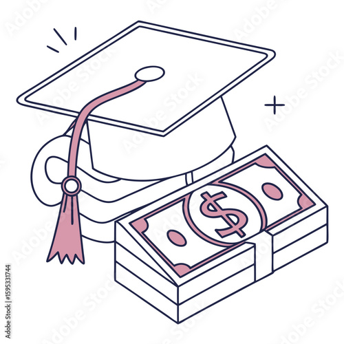 Graduation cap rests atop stacked money indicating the rising cost of education today